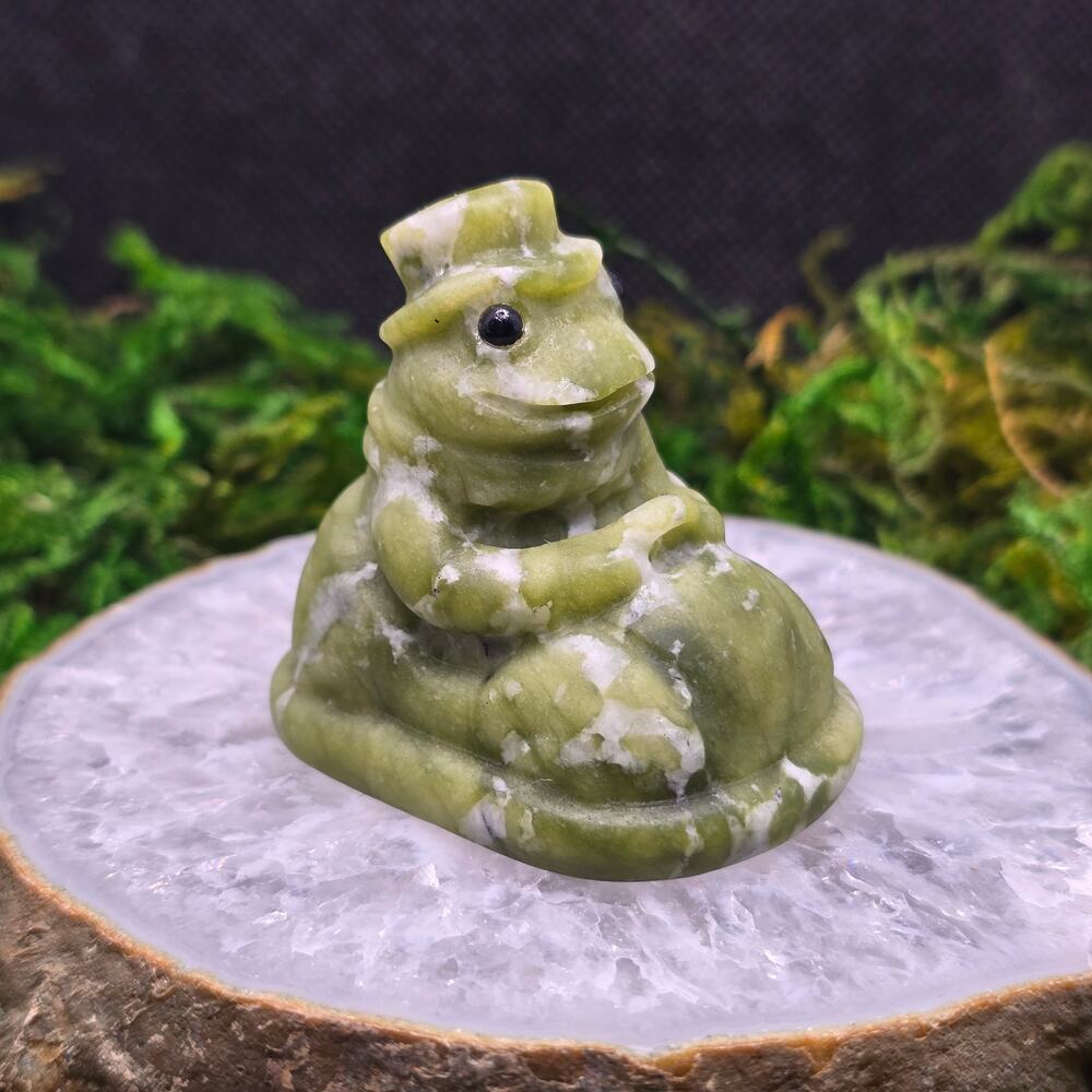 Serpentine Frog Driving Car Crystal Carving Top Hat Cute Figurine Cottagecore